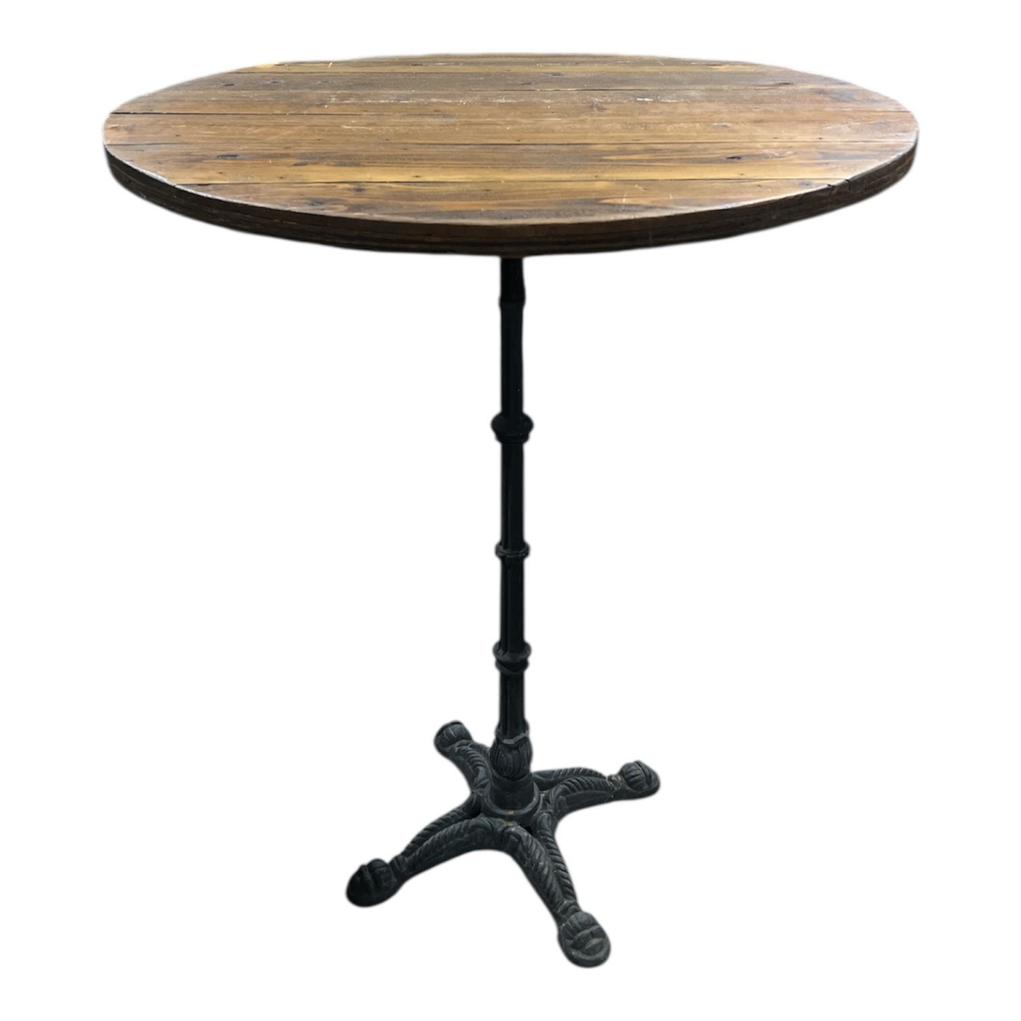 Reclaimed Wood Bar High Table 36″D, Iron Fancy Legs 