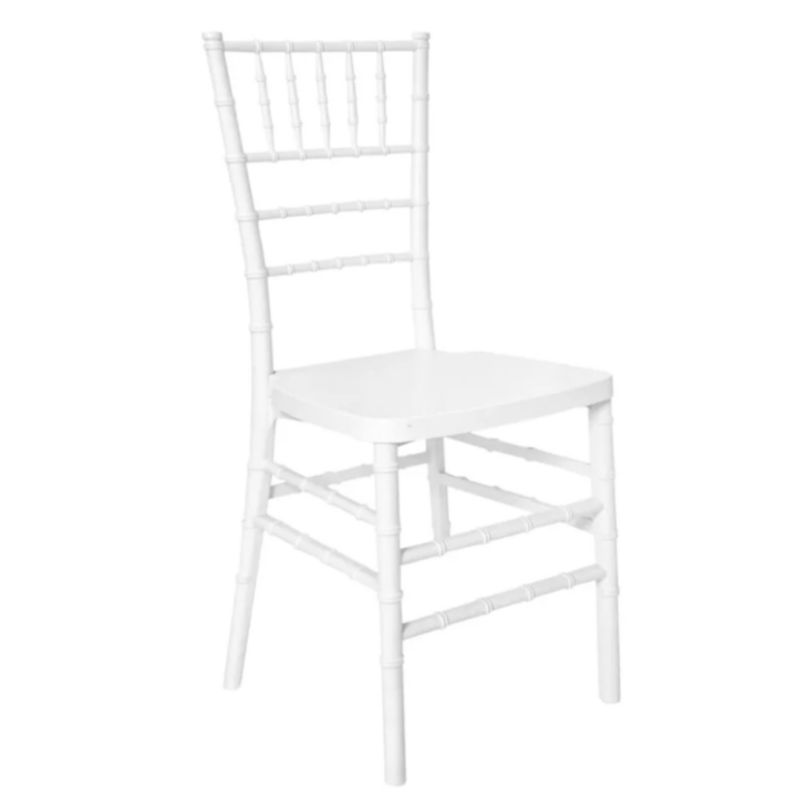 White Chiavari chair with classic bamboo-style frame and white seat, commonly used for weddings and formal events.