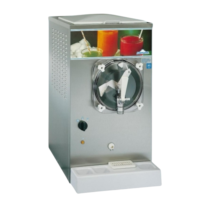 Commercial frozen drink machine on rolling cart with clear mixing chamber, used for frozen cocktails, margaritas, and slush beverages at events.