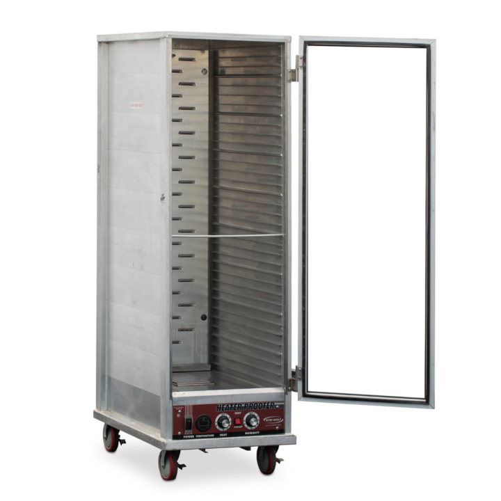 Electric transit box with clear door and rolling casters, used for holding, warming, and transporting food trays during catering and events.