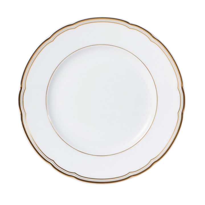 Pompadour Gold Band 8.5-inch salad and dessert plate featuring white porcelain with double gold band rim and subtle scalloped edge detail.