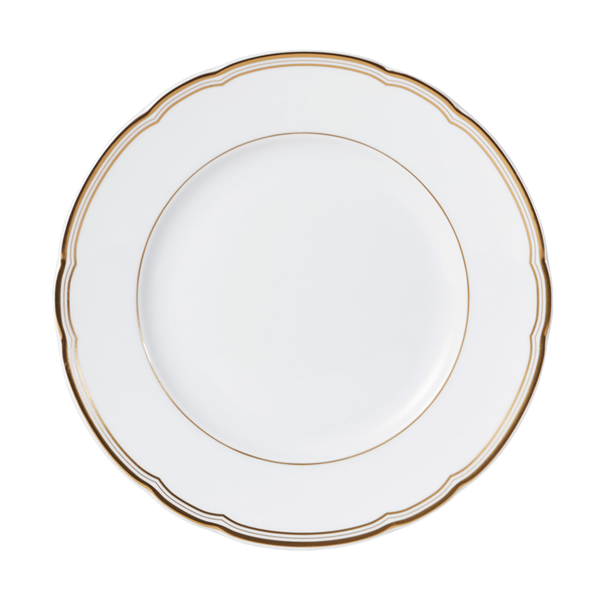 Pompadour Gold Band 8.5-inch salad and dessert plate featuring white porcelain with double gold band rim and subtle scalloped edge detail.