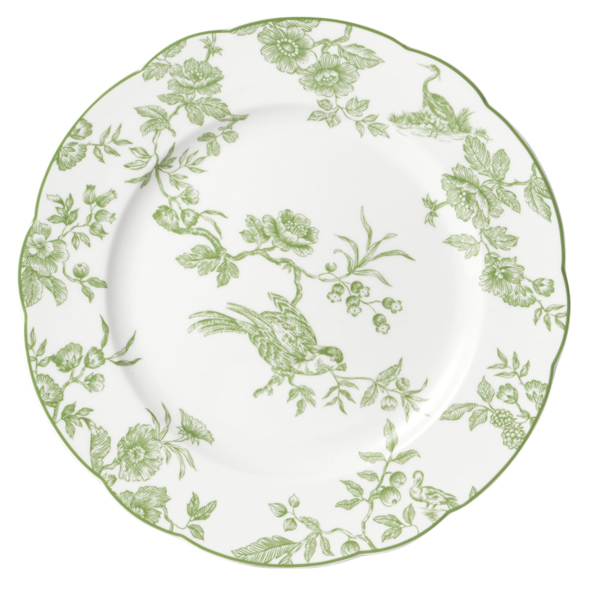 Albertine Green on White 10.5-inch dinner plate featuring green bird and floral toile pattern on white porcelain with scalloped edge.