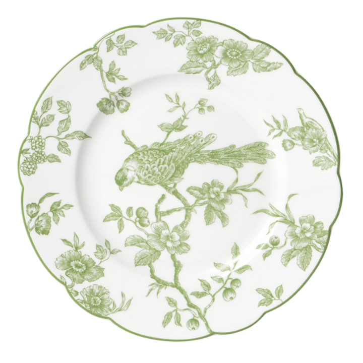 Albertine Green on White 8.5-inch salad plate featuring green bird and floral toile pattern on white porcelain with scalloped edge.