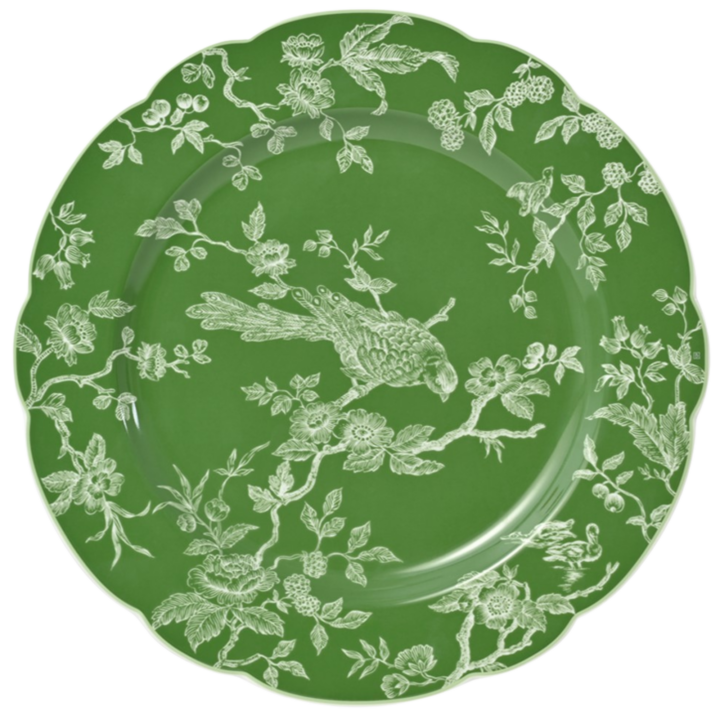 Albertine White on Green 11-inch charger plate featuring white bird and floral toile pattern on rich green background with scalloped edge.
