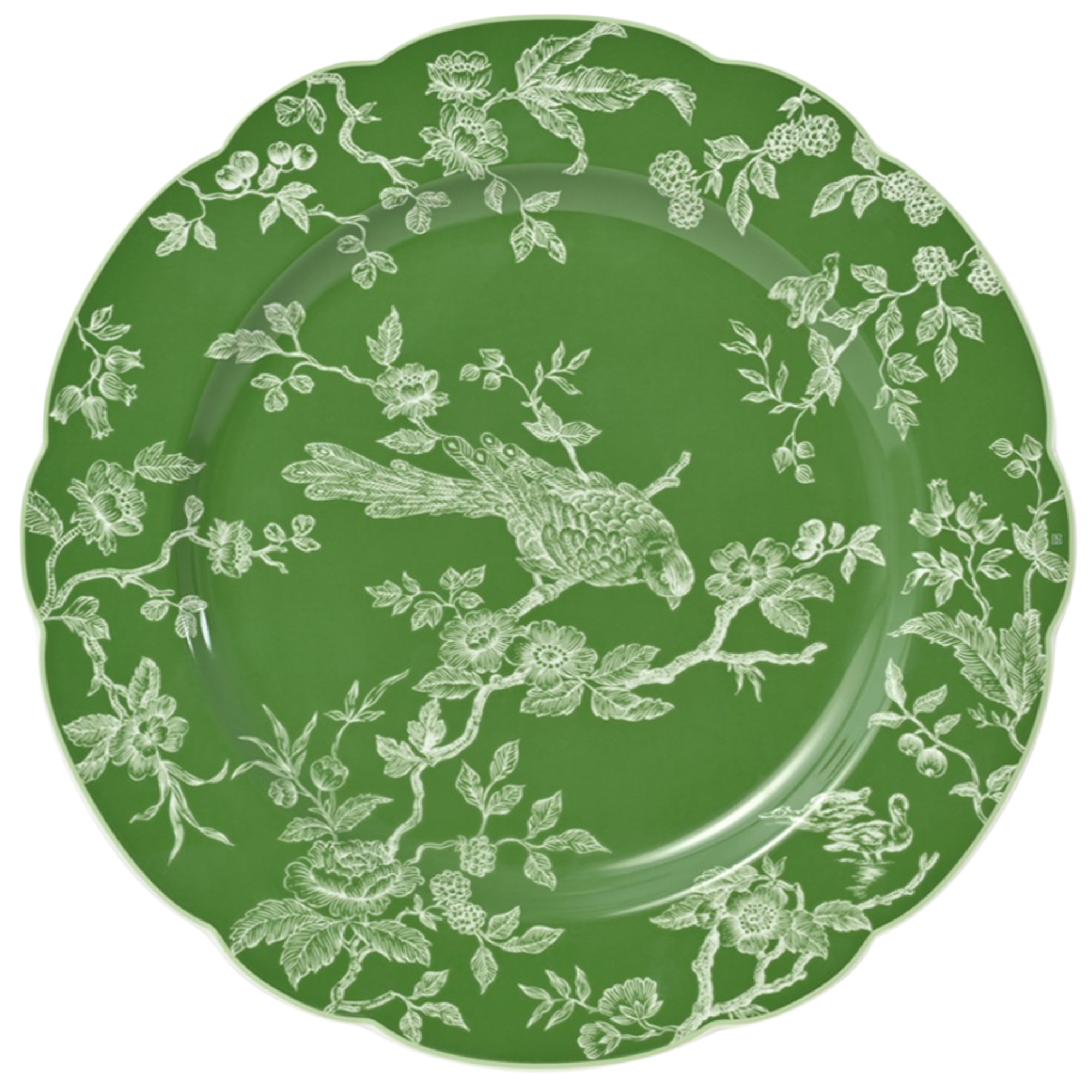 Albertine White on Green 11-inch charger plate featuring white bird and floral toile pattern on rich green background with scalloped edge.