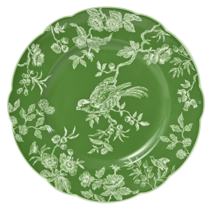 Albertine White on Green 8.5-inch salad plate featuring white bird and floral toile pattern on rich green background with scalloped edge.