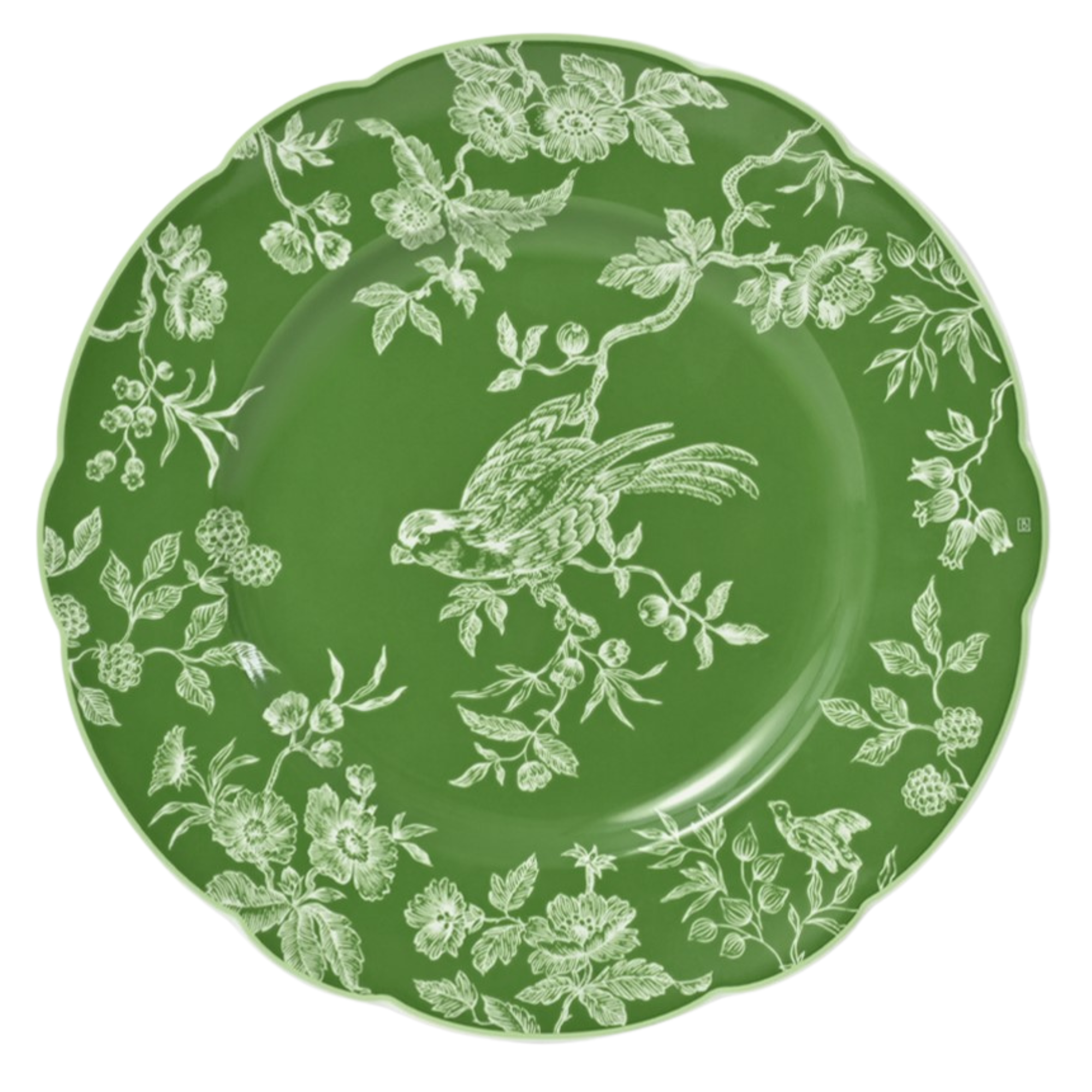 Albertine White on Green 8.5-inch salad plate featuring white bird and floral toile pattern on rich green background with scalloped edge.