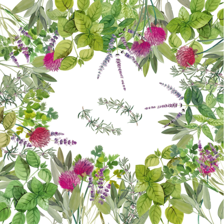86-inch square Botanicals linen featuring a watercolor border of green herbs, basil leaves, lavender sprigs, rosemary, and pink clover blossoms surrounding a soft neutral center.