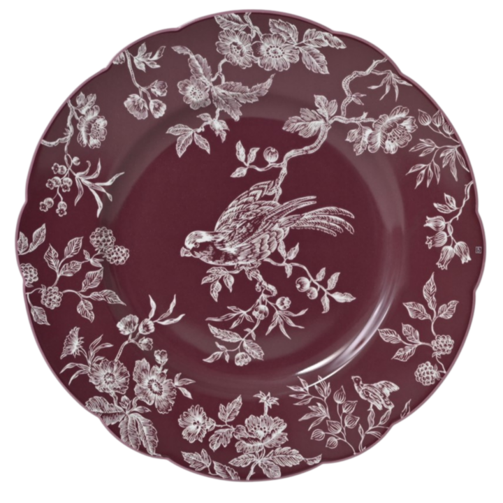 Albertine White on Prune 8.5-inch salad plate featuring white bird and floral toile pattern on deep prune background with scalloped edge.