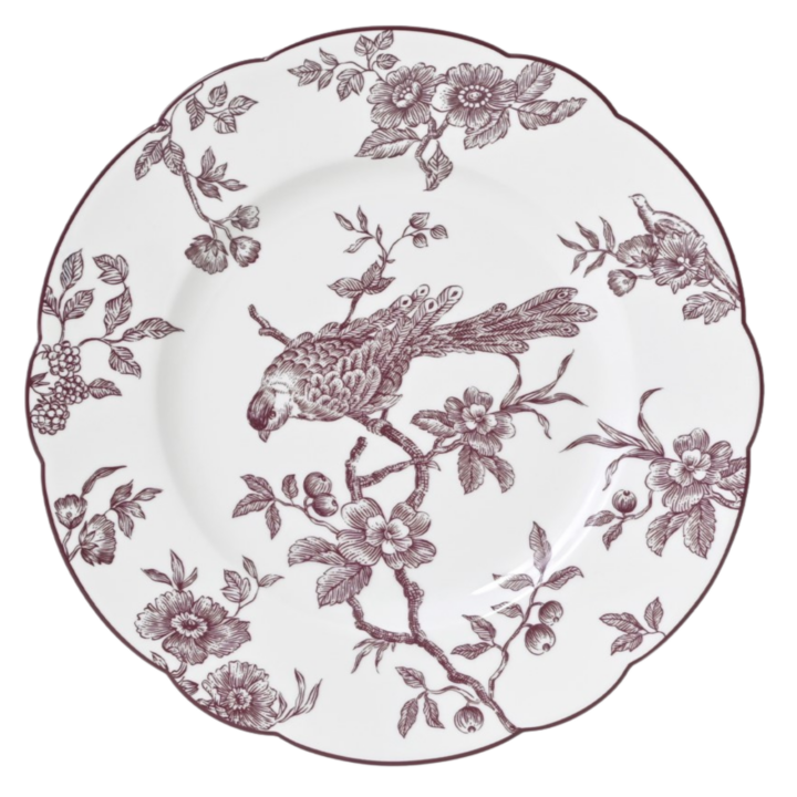Albertine Prune on White 8.5-inch salad plate featuring delicate plum-colored bird and floral toile pattern on white porcelain with scalloped edge.