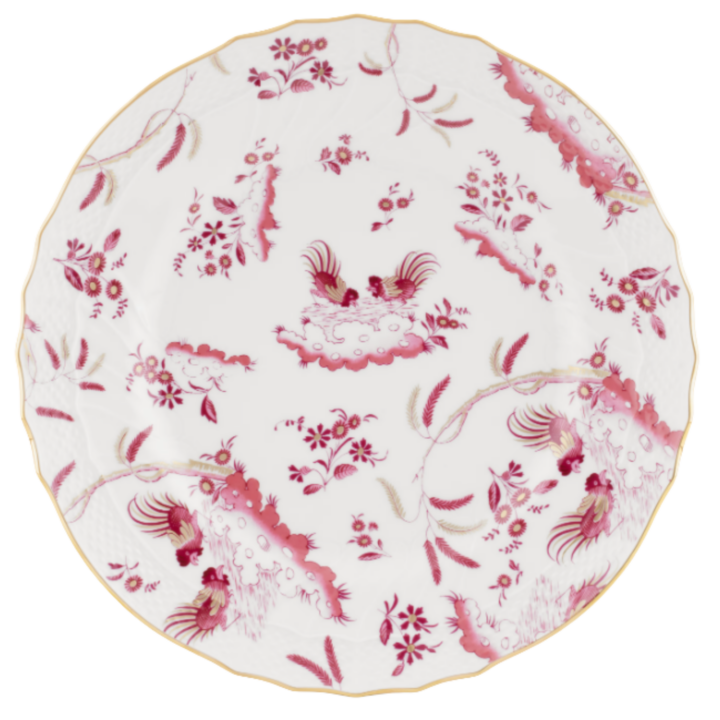 Ginori Vecchio salad plate featuring a pink floral and bird motif with delicate gold rim detailing on white porcelain, ideal for elegant weddings and event table settings.