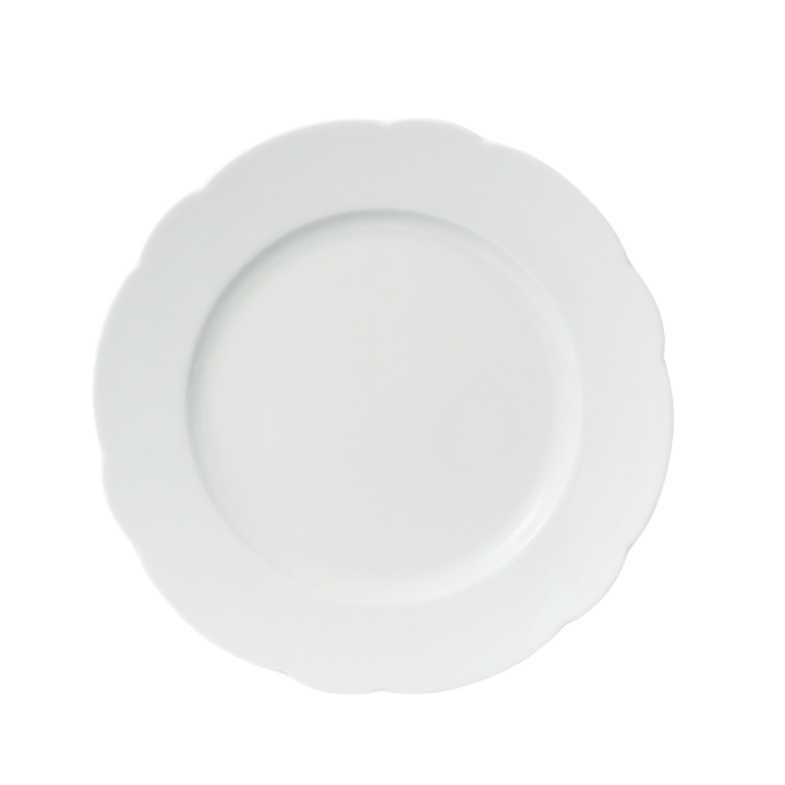 Cluny white scalloped salad plate made of classic white porcelain with a softly shaped edge, ideal for weddings, events, and elegant table settings.