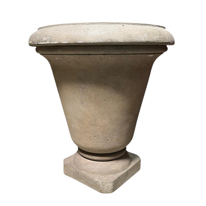 Large taupe urn planter with a classic rounded silhouette and pedestal base, ideal for statement greenery at event entrances or outdoor spaces.
