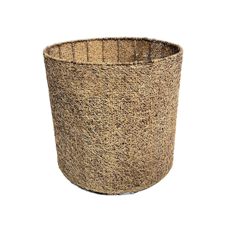 Large round brown woven basket planter with natural texture, ideal for styling greenery at events, lounges, or entryways.