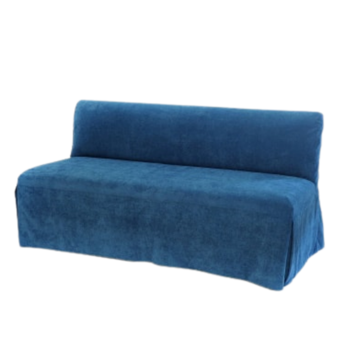 Steele slipcovered event sofa in Geneva indigo blue fabric with tailored skirt — modern lounge seating rental