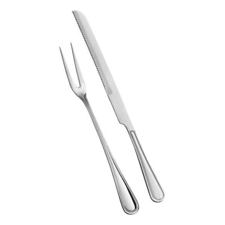 Stainless steel carving knife and two-prong fork set with polished finish — classic serving utensils for catered events