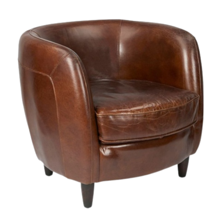 Brown leather tub chair with curved barrel back and dark wood legs — classic lounge seating for weddings and events