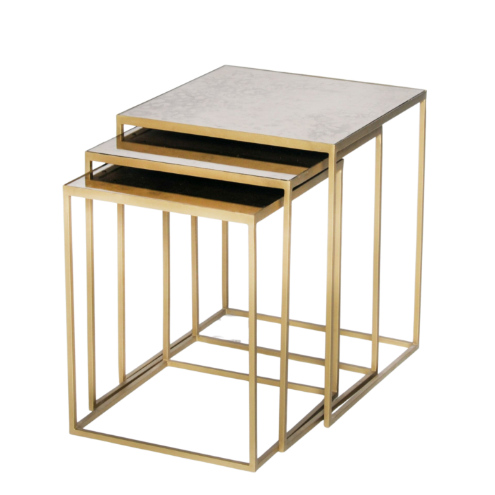 Vine gold metal nesting tables with mirrored tops in graduated sizes — modern glam accent tables for weddings and events