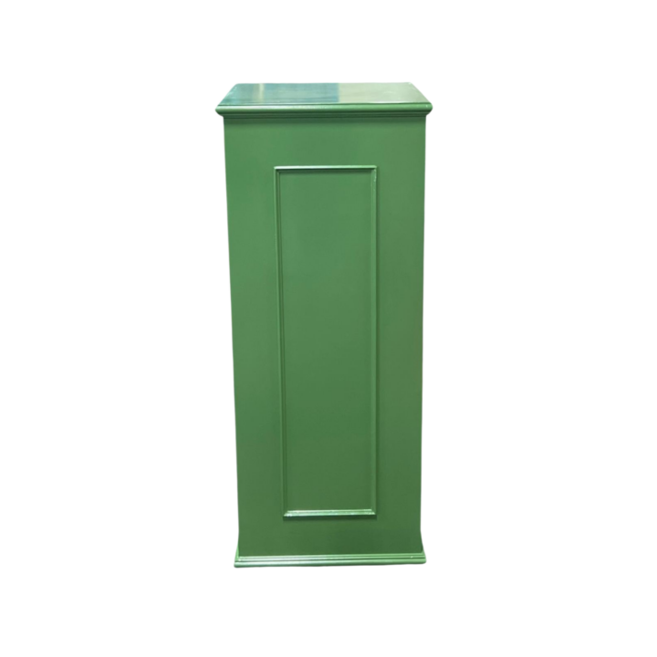 Sprague pedestal in Greenfield finish with paneled detailing — 46 inch square display stand for weddings and events