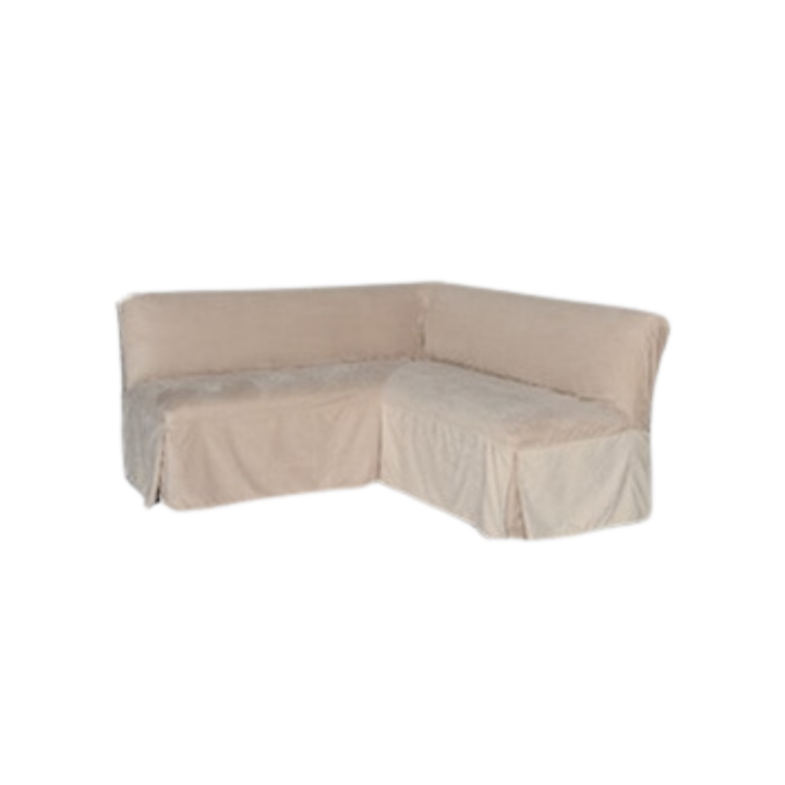 Taupe slipcovered L-shape sectional banquette sofa with corner configuration — upholstered lounge seating for weddings and events