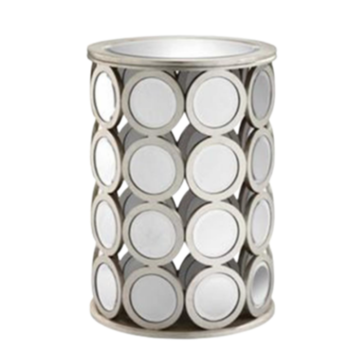 Round mirrored drum pedestal table with circular frame detailing and reflective panels, 30-inch height accent table