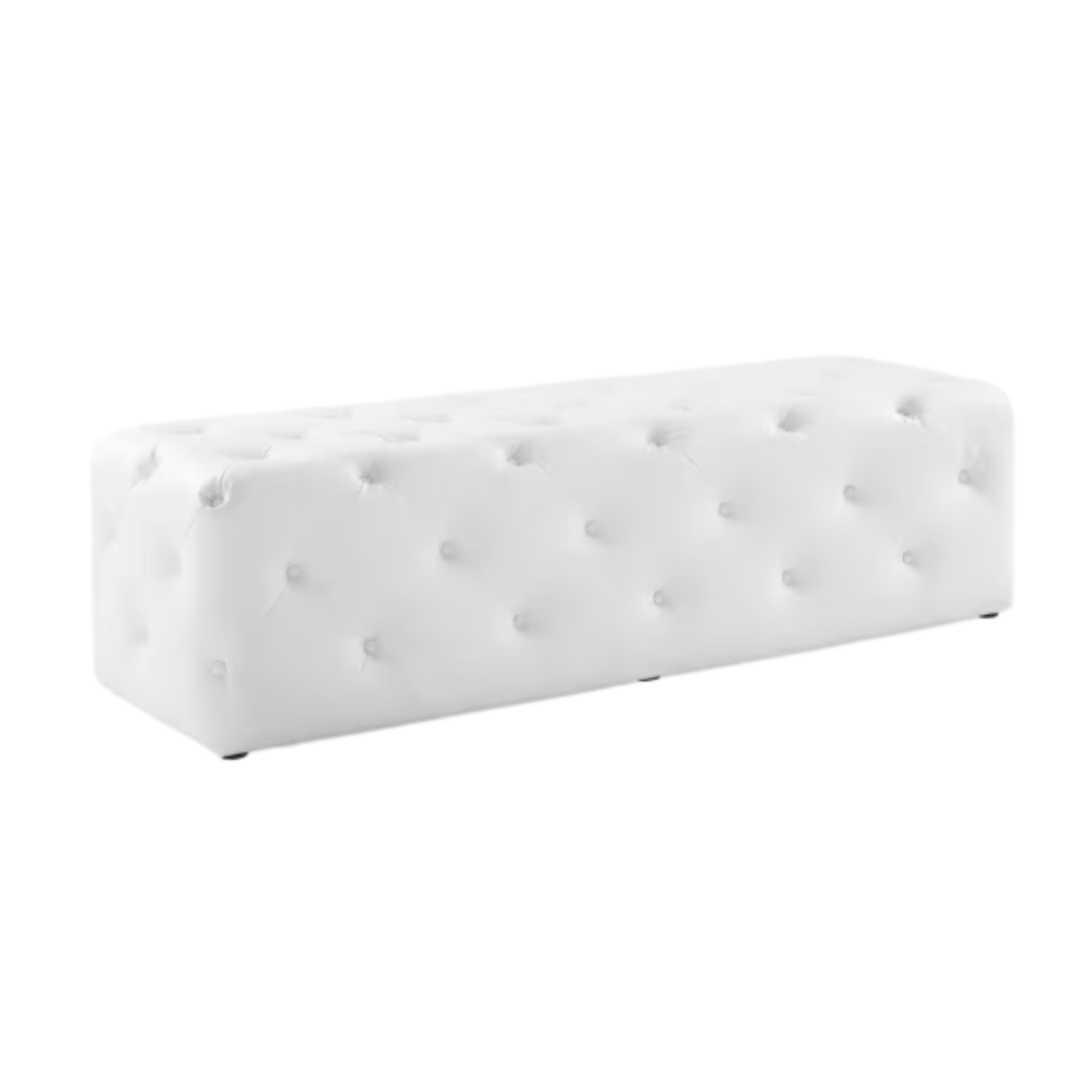 White tufted patent upholstered bench with button detailing, 64 inch modern lounge seating for weddings and events.