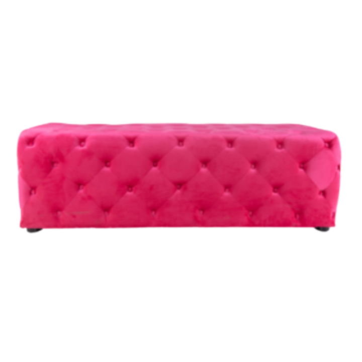 Hot Pink tufted patent upholstered bench with button detailing, 64 inch modern lounge seating for weddings and events.