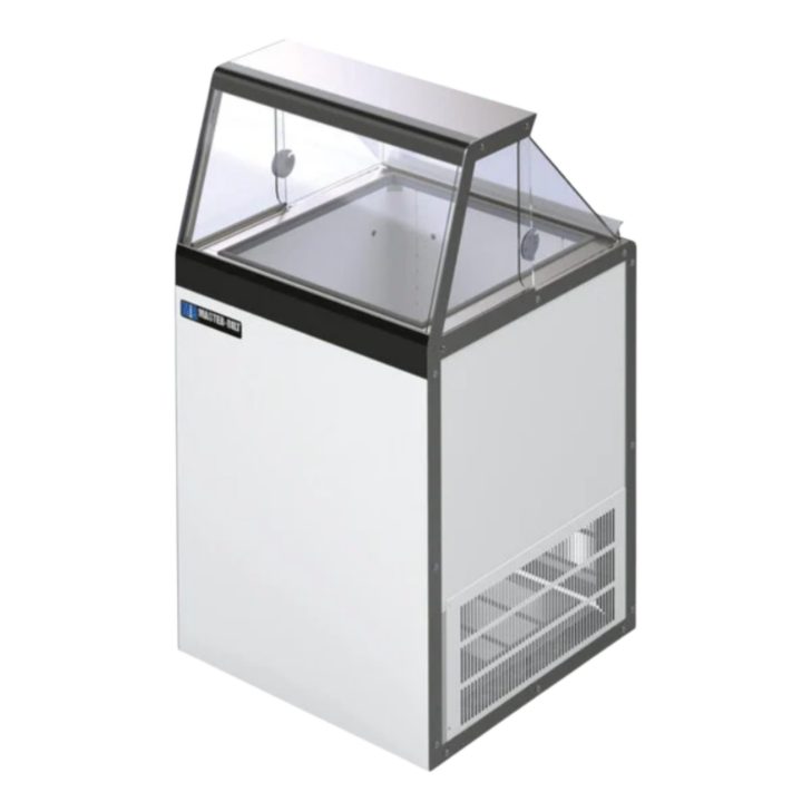 4-compartment commercial ice cream freezer with angled glass display top and white exterior, ideal for event dessert stations and catering setups