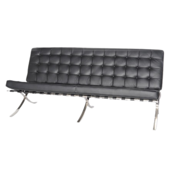 Black leather Barcelona-style 3-seater sofa with tufted back and chrome legs, 69 inches wide